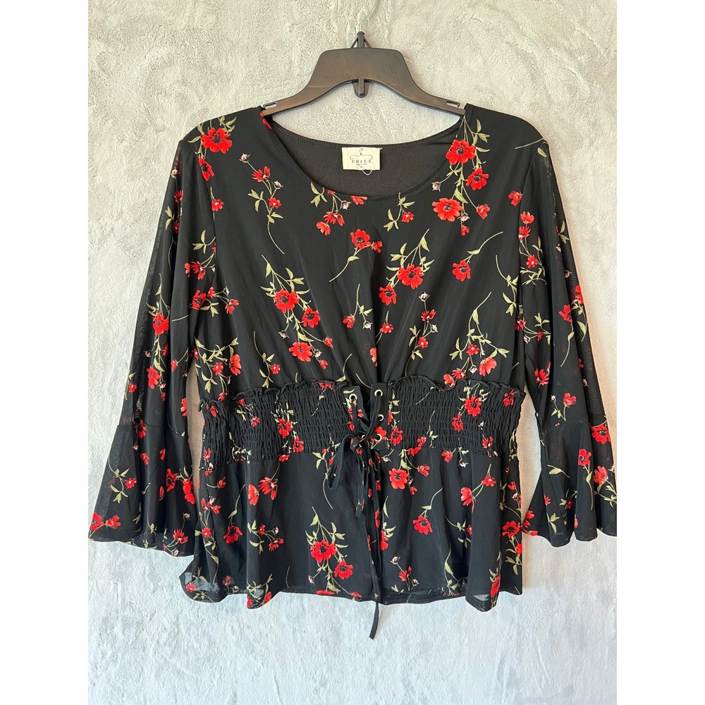 Ember‎ Black Red Floral Long Sleeve Lace Up Empire Waist Blouse Top XL